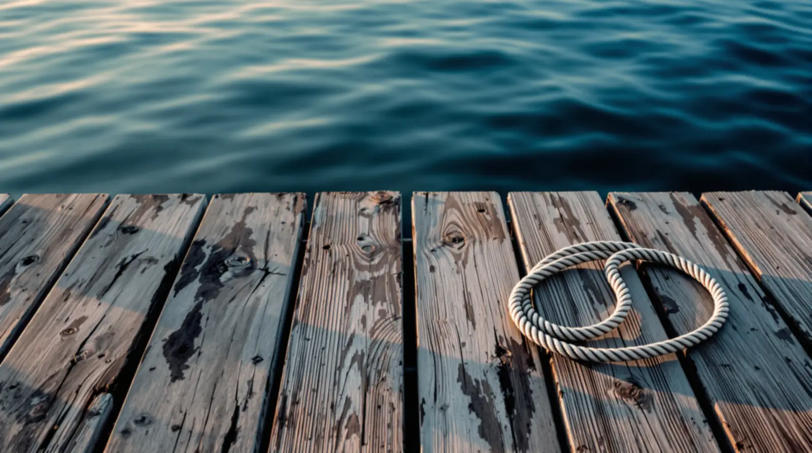 Weathered dock planks and a coiled mooring rope beside calm marine water, where one loan request of $100 to $5,000 reaches many lenders